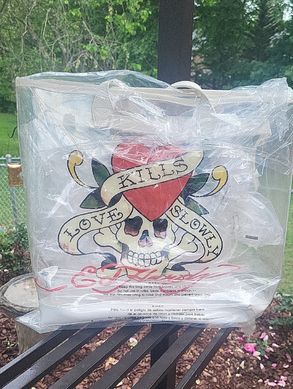 Ed Hardy White Tote with Red Heart and Black Skull Graphic